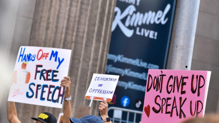 Protesters Rally in Hollywood Against Jimmy Kimmel’s Suspension